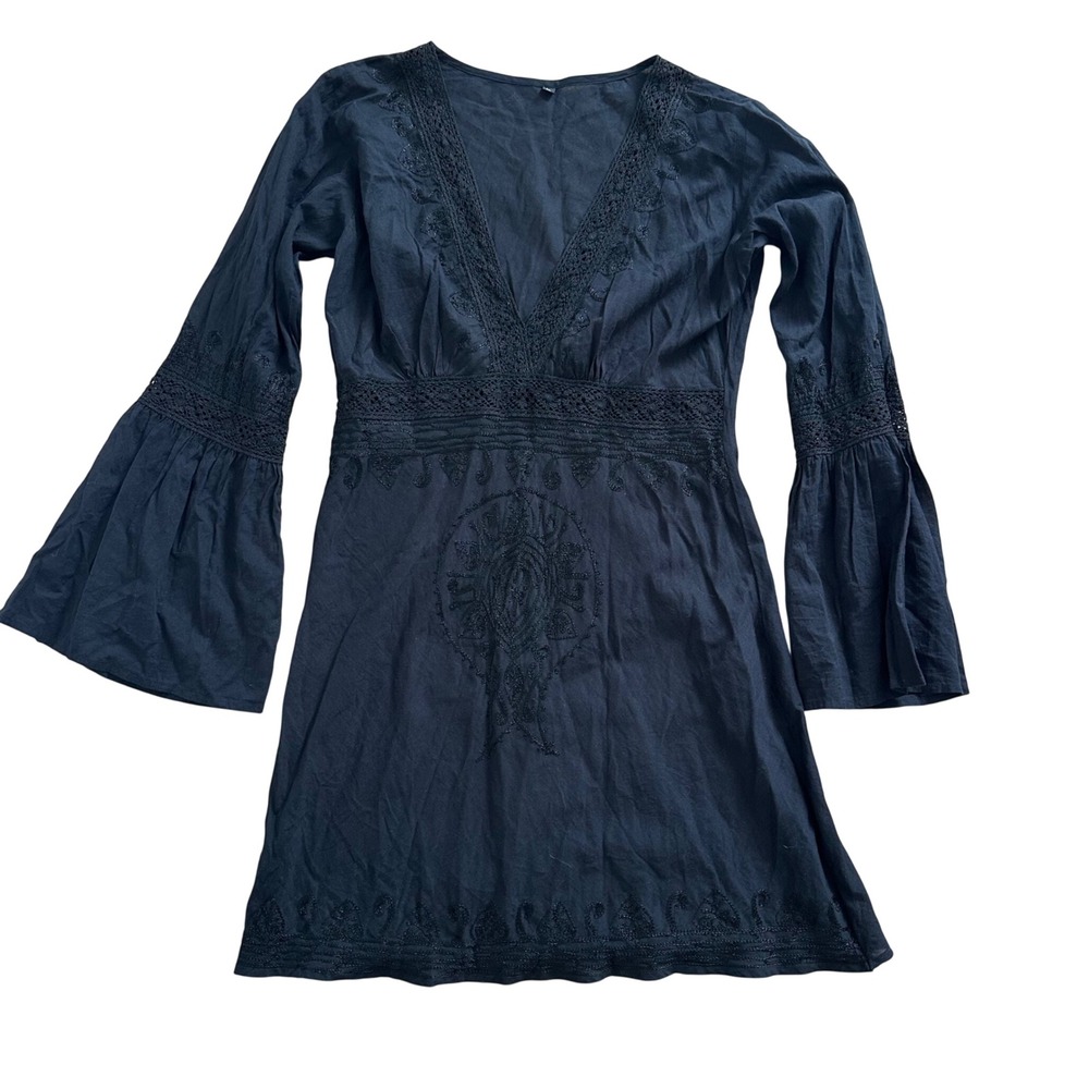 Black Embroidered Boho Mini Dress V-Neck Bell Sleeve Crochet Lace Trim Medium